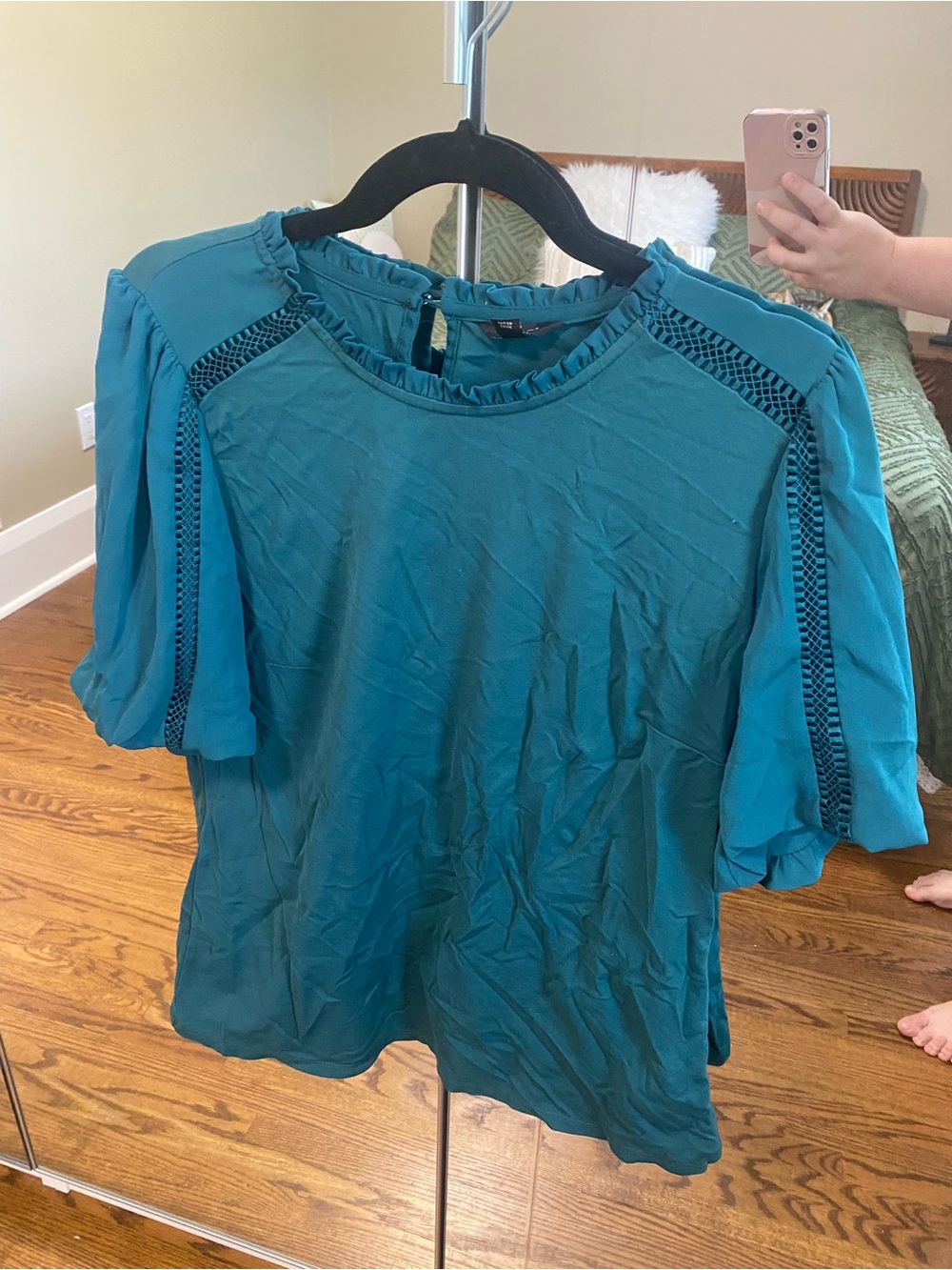 RW&CO Teal Puff Sleeve Top with Lace Trim